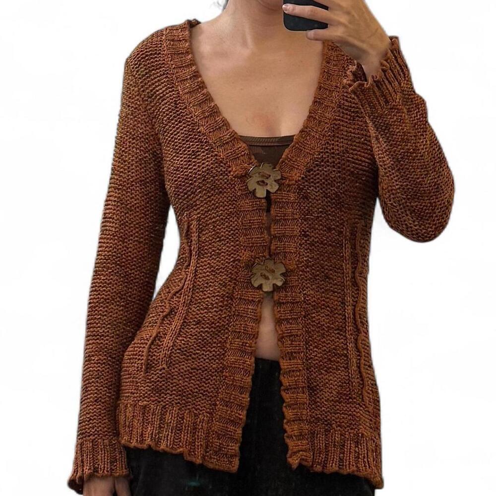 BCBGMAXAZRIA burnt orange cardigan with wood flower buttons Sz. S/M - Picture 8 of 8
